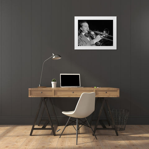 Jazz trombonist Eddie Bert 1947 White Modern Wood Framed Art Print by Gottlieb, William
