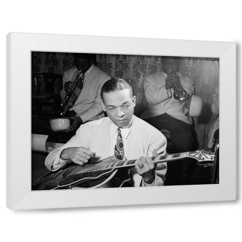 Fred Guy playing guitar at the Aquarium-New York 1946 White Modern Wood Framed Art Print by Gottlieb, William