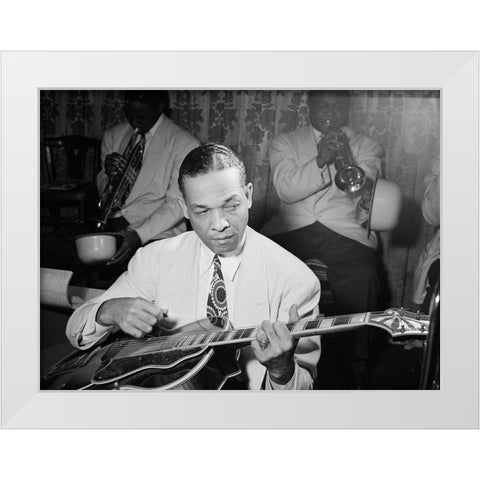 Fred Guy playing guitar at the Aquarium-New York 1946 White Modern Wood Framed Art Print by Gottlieb, William