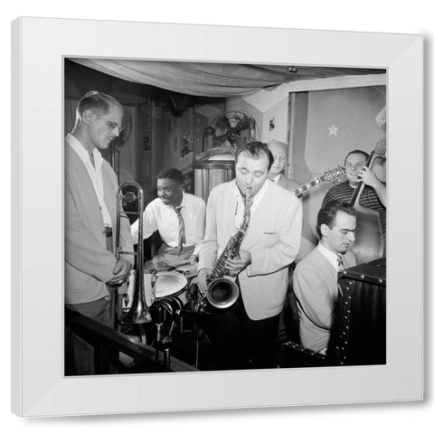 Bill Harris-Denzil Best-Flip Phillips-Billy Bauer-Lennie Tristano-Chubby Jackson-1947. Pied Piper-NY White Modern Wood Framed Art Print by Gottlieb, William