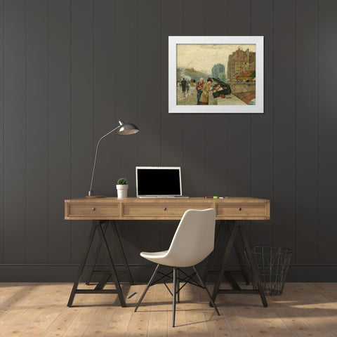 Quai St Michel White Modern Wood Framed Art Print by Hassam, Childe