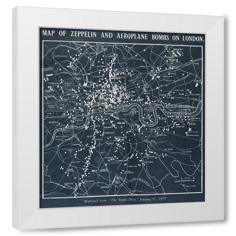 Map of Zeppelin and aeroplane bombs on London White Modern Wood Framed Art Print by World War 1 Photograph