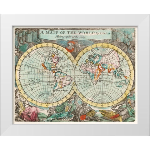 A mapp of the world 1682 White Modern Wood Framed Art Print by Playford, John