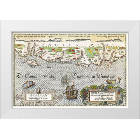 Map of the South England coast between the Isle of Wight and Dover White Modern Wood Framed Art Print by Doetechum, Joannes van
