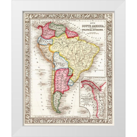 Map of South America 1863 White Modern Wood Framed Art Print by Mitchell, Samuel Augustus