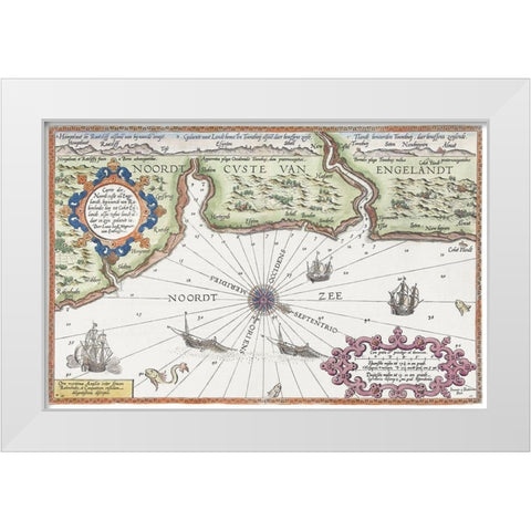 Map of the north coast of England at Newcastle upon Tyne 1583 White Modern Wood Framed Art Print by Doetechum, Joannes van