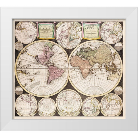 Flat earth globe commonly called the whole world 1696 White Modern Wood Framed Art Print by Allard, Carel