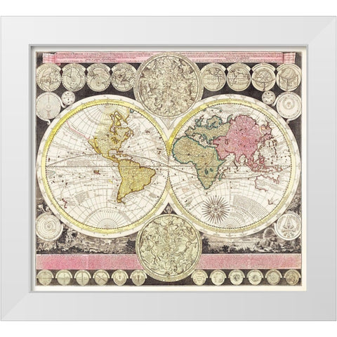 Flat earth globe with the celestial half round 1709 White Modern Wood Framed Art Print by Zuerner, Adam Friedrich