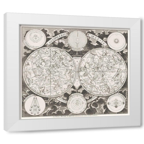 Sky map showing the northern and southern constellations 1705 White Modern Wood Framed Art Print by Schenk, Pieter