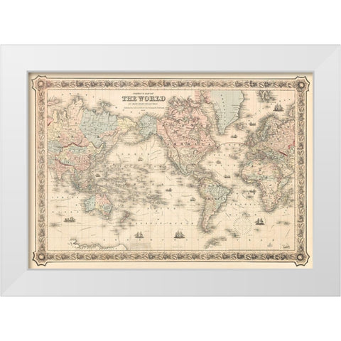 Coltons Map of the World on Mercators Projection 1858 White Modern Wood Framed Art Print by J H Colton and Co