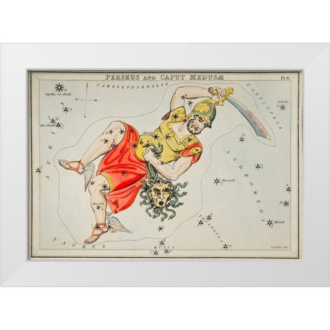 Astronomical chart illustration of the Perseus and the Caput Medusae White Modern Wood Framed Art Print by Hall, Sidney
