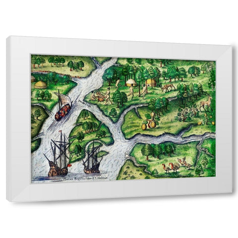 Port Royal-South Carolina illustration from Grand voyages 1596 White Modern Wood Framed Art Print by Bry, Theodor de
