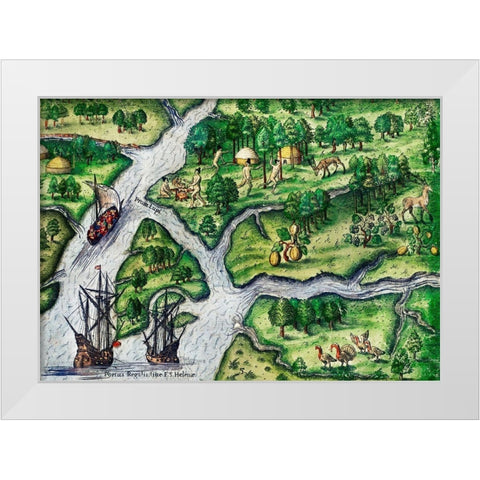Port Royal-South Carolina illustration from Grand voyages 1596 White Modern Wood Framed Art Print by Bry, Theodor de