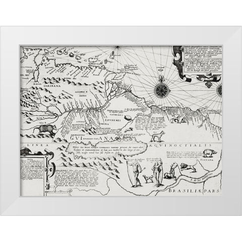 America map from Grand voyages 1596 White Modern Wood Framed Art Print by Bry, de Theodor