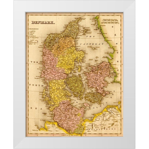 Denmark 1844 White Modern Wood Framed Art Print by Vintage Maps