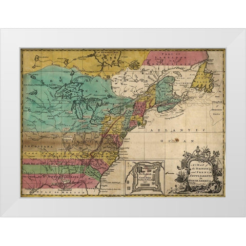 Map of British and French Settlements in America 1755 White Modern Wood Framed Art Print by Vintage Maps