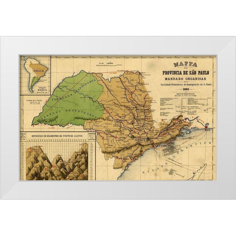 Sao Paolo Brazil 1886 White Modern Wood Framed Art Print by Vintage Maps