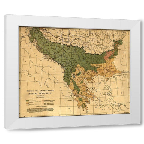 Balkan Zones of Civilization 1918 White Modern Wood Framed Art Print by Vintage Maps