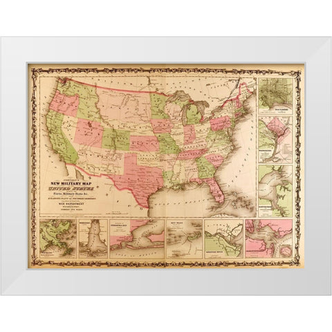 Military Map of the United states 1863 White Modern Wood Framed Art Print by Vintage Maps