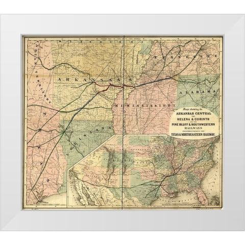 Arkansas Central 1872 White Modern Wood Framed Art Print by Vintage Maps