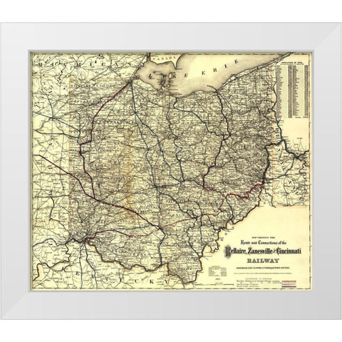 Bellaire Zanesville and Cincinnati Railway 1883 White Modern Wood Framed Art Print by Vintage Maps