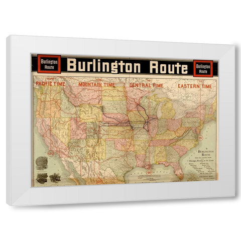 Burlington Route with Time Zones 1892 White Modern Wood Framed Art Print by Vintage Maps
