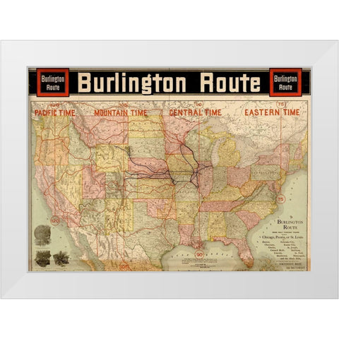 Burlington Route with Time Zones 1892 White Modern Wood Framed Art Print by Vintage Maps