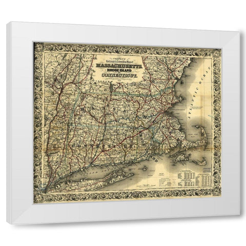 Massachusetts Rhode Island and Connecticut 1853 White Modern Wood Framed Art Print by Vintage Maps