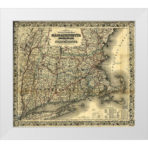 Massachusetts Rhode Island and Connecticut 1853 White Modern Wood Framed Art Print by Vintage Maps