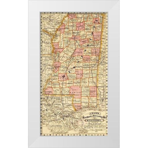 Mississippi State 1878 White Modern Wood Framed Art Print by Vintage Maps
