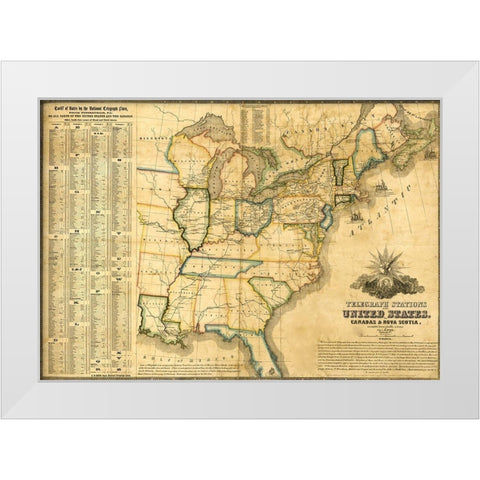 Telegraph stations in the United States Canada and Nova Scotia 1853 White Modern Wood Framed Art Print by Vintage Maps
