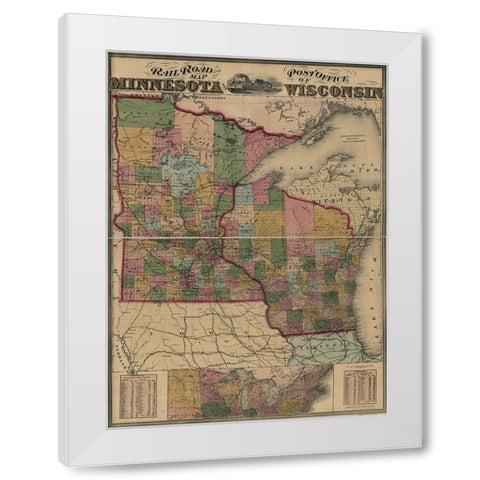 Railroad and post office map of Minnesota and Wisconsin 1871 White Modern Wood Framed Art Print by Vintage Maps