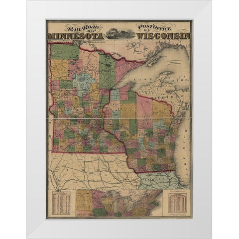 Railroad and post office map of Minnesota and Wisconsin 1871 White Modern Wood Framed Art Print by Vintage Maps