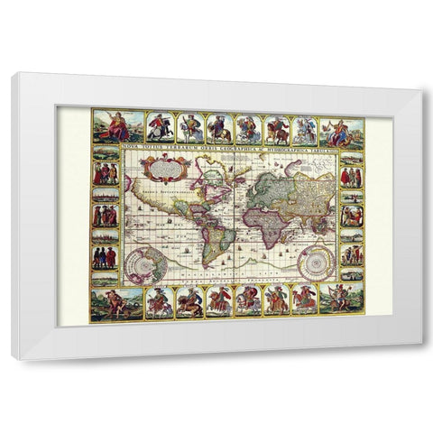 World Map of lands and waterways White Modern Wood Framed Art Print by Visscher, Nicolas