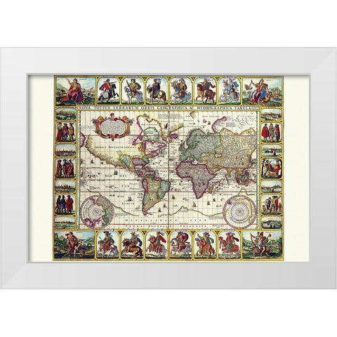 World Map of lands and waterways White Modern Wood Framed Art Print by Visscher, Nicolas