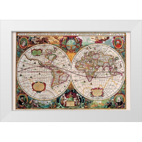 Stereographic Map of the World White Modern Wood Framed Art Print by Hondius, Jodocus