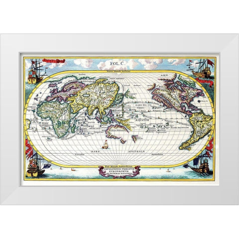 Navigationes Precipae Europorum ad Exteras Nationes Navigational Map of the World White Modern Wood Framed Art Print by Scherer, Heinrich