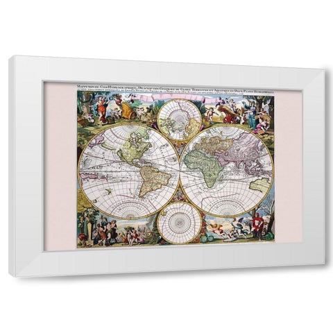 Stereographic Map of the World with Classical Illustration White Modern Wood Framed Art Print by Valk, Gerard