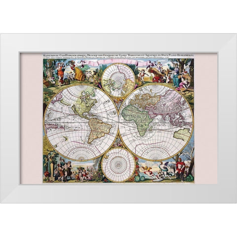 Stereographic Map of the World with Classical Illustration White Modern Wood Framed Art Print by Valk, Gerard