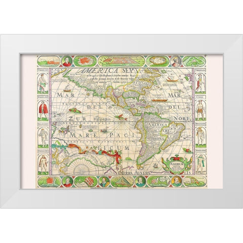The Americas at the Time of Columbus Printed in 1658 White Modern Wood Framed Art Print by Visscher, Nicolas