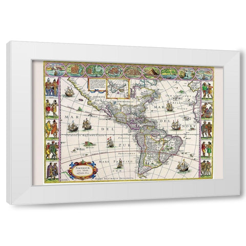 New Map of the Americas White Modern Wood Framed Art Print by Blaeu, Willem