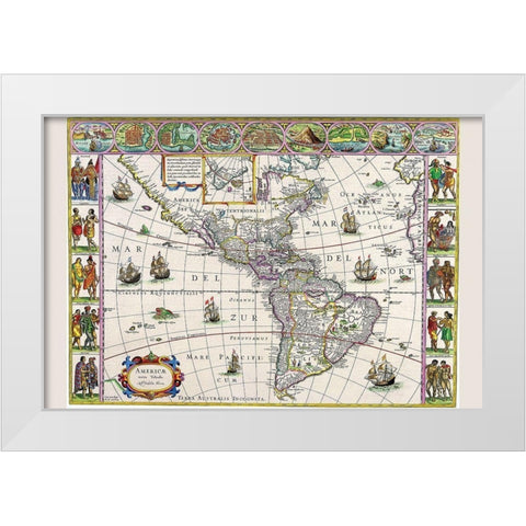 New Map of the Americas White Modern Wood Framed Art Print by Blaeu, Willem