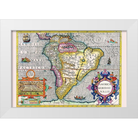 South America White Modern Wood Framed Art Print by Hondius, Jodocus
