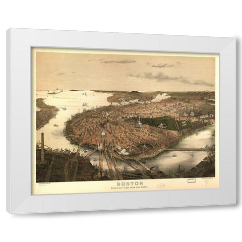 Birds Eye View of Boston 1877 White Modern Wood Framed Art Print by Prang & Company