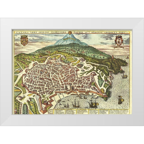 Catania Sicily White Modern Wood Framed Art Print by Hogenberg, Braun