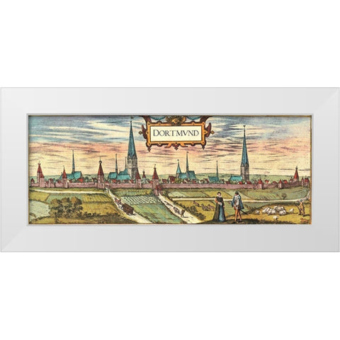 Dortmund-Germany a town in the Ruhr Industrial District now known for its Green Spaces White Modern Wood Framed Art Print by Hogenberg, Braun