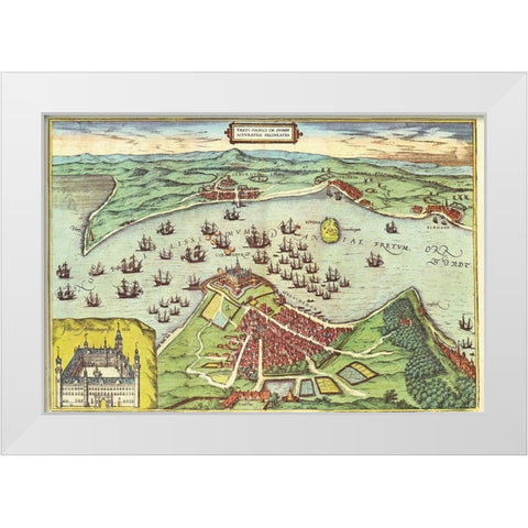 Elsinore Denmark White Modern Wood Framed Art Print by Hogenberg, Braun