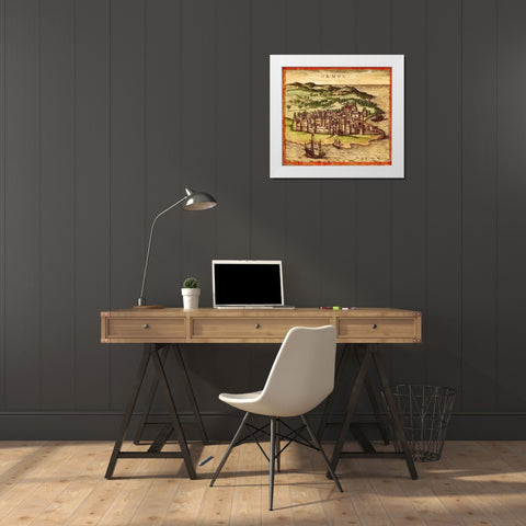 Hormuz Persia Iran White Modern Wood Framed Art Print by Hogenberg, Braun