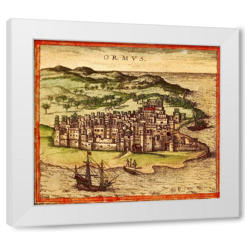 Hormuz Persia Iran White Modern Wood Framed Art Print by Hogenberg, Braun