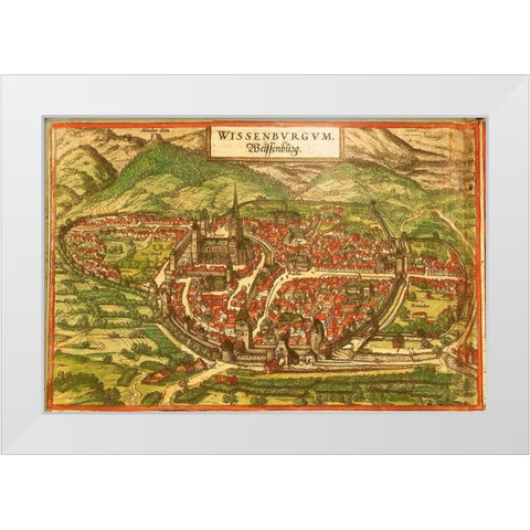 Wissembourg White Castle Alsace White Modern Wood Framed Art Print by Hogenberg, Braun